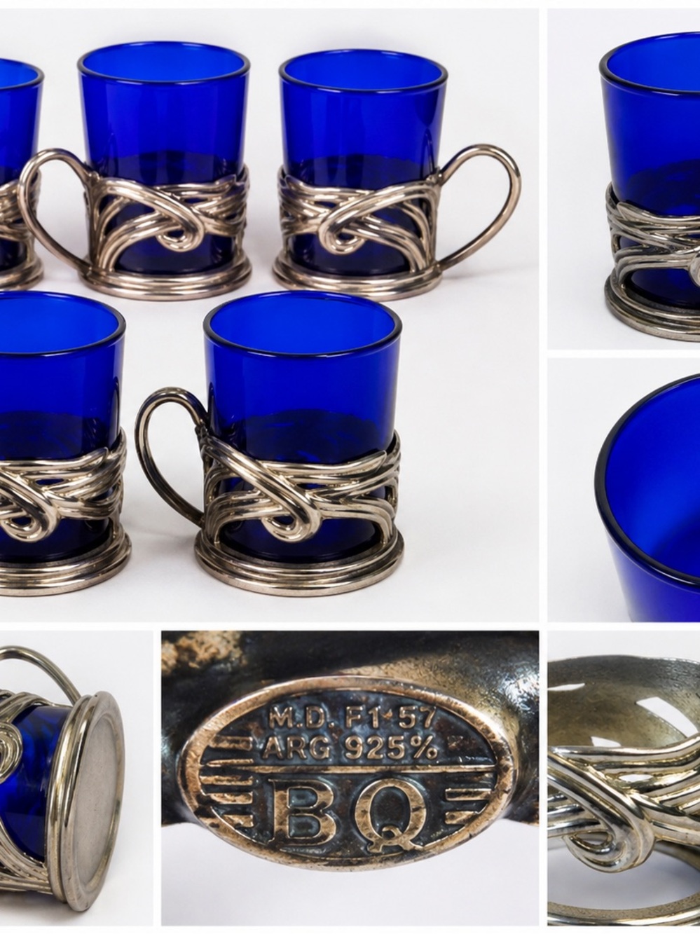Cobalt Blue Glass Mug Set with Silver-Tone Filigree Holders (Set of 6)